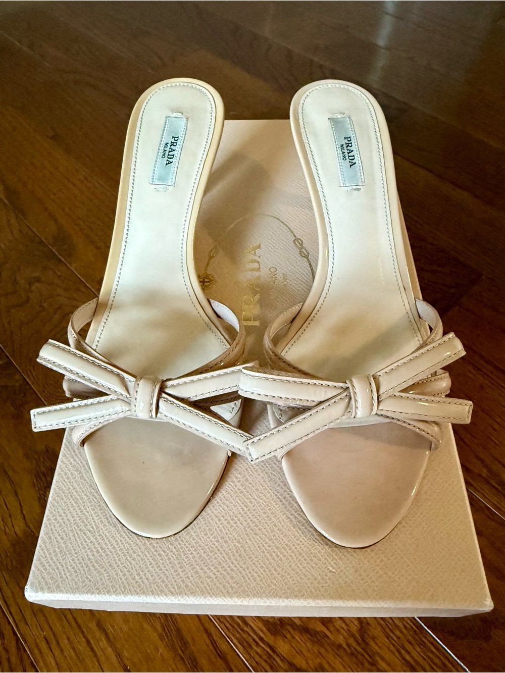 PRADA Nude Patent Leather Bow Kitten Heel Sandals EU 37